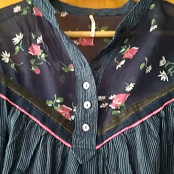 Free People Pinstripe/Floral Button Neck Blouse - Picture 2 of 8